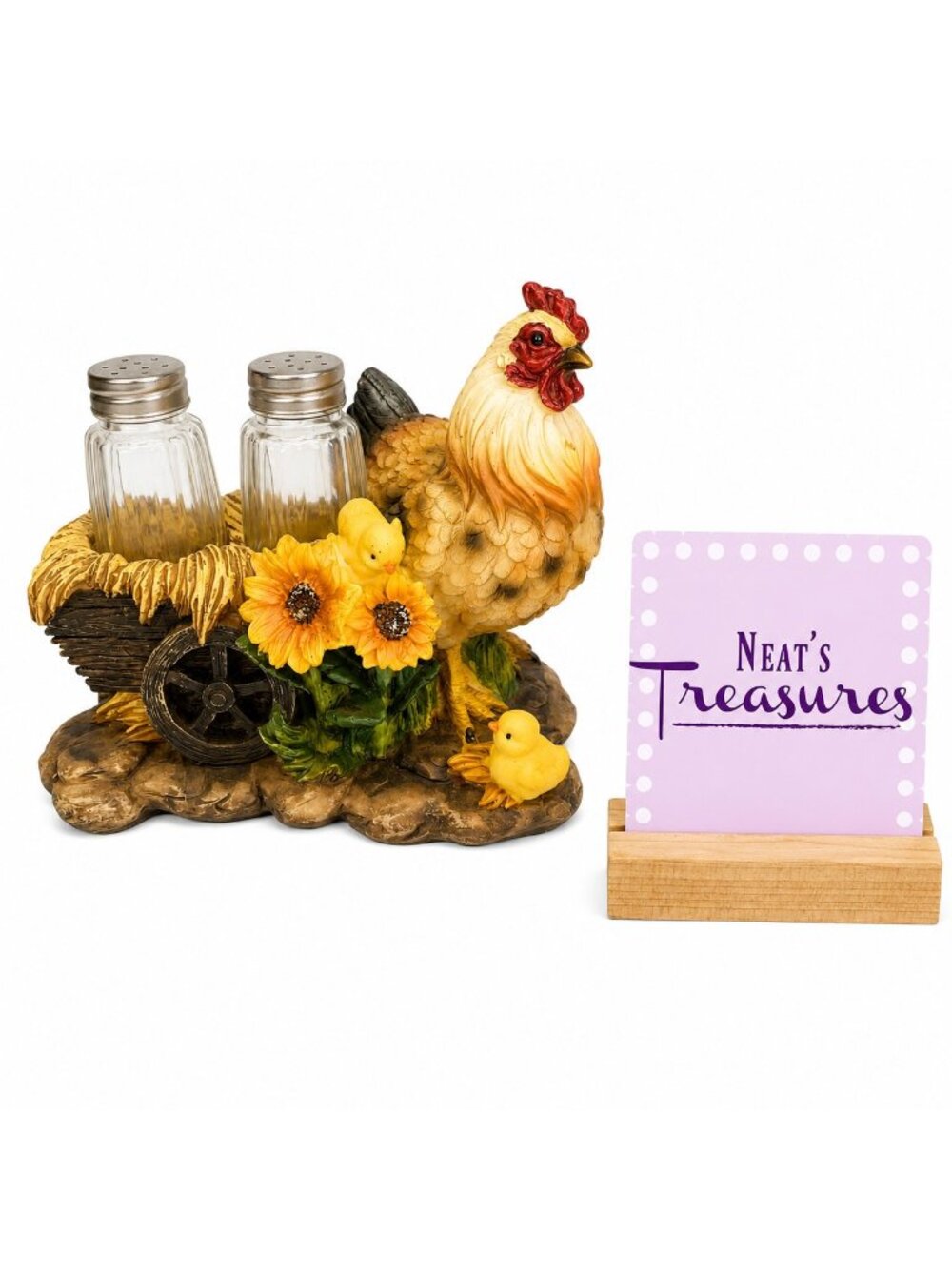DWK 2010 Animal Hen Rooster & Chick Resin Holder w Salt And Pepper Shaker Set 3